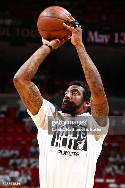 Amar'e Stoudemire of the Miami Heat warms up before the game against the Charlotte Hornets during Game Seven of the Eastern Conference Quarterfinals...