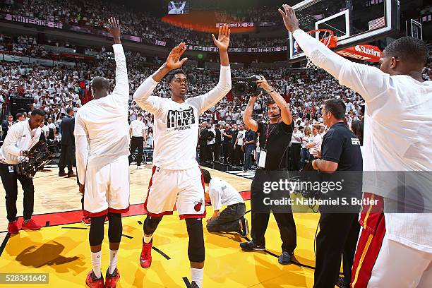 Hassan Whiteside of the Miami Heat is introduced before the game against the Charlotte Hornets during Game Seven of the Eastern Conference...