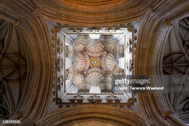 low angle view of an ornate ceiling; canterbury, kent, england - terence waeland stock pictures, royalty-free photos & images