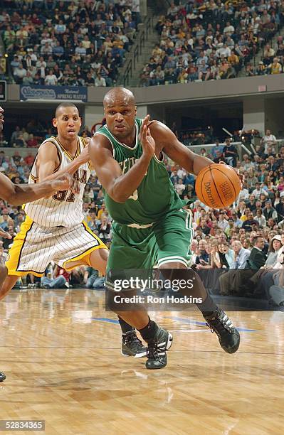 Antoine Walker of the Boston Celtics drives against the Indiana Pacers in Game six of the Eastern Conference Quarterfinals during the 2005 NBA...