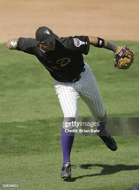 Third baseman Alex Cintron of the Arizona Diamondbacks throws a short hopper to first base against the Chicago White Sox during a spring training...