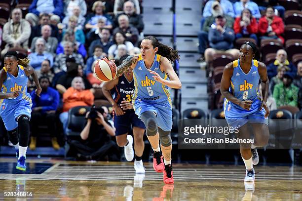 Jacki Gemelos of the Chicago Sky brings the ball up court against the Connecticut Sun during a preseason game on May 4, 2016 at the Mohegan Sun Arena...