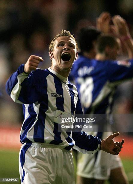 Jon-Paul McGovern of Sheffield Wednesday celebrates at the end of the Coca-Cola League One Play Off, Semi Final, Second Leg match between Brentford...