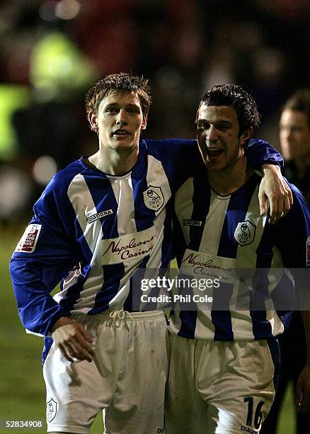 Chris Brunt and Richard Wood of Sheffield Wednesday celebrate at the end of the Coca-Cola League One Play Off, Semi Final, Second Leg match between...