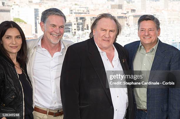 Actress Geraldine Pailhas, Reed Hastings , Actor Gerard Depardieu and Ted Sarandos attend the "Marseille" Netflix TV series world premiere at Palais...