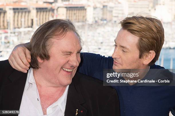 Actors Gerard Depardieu and Benoit Magimel attend the "Marseille" Netflix TV series world premiere at Palais Du Pharo on May 4, 2016 in Marseille,...