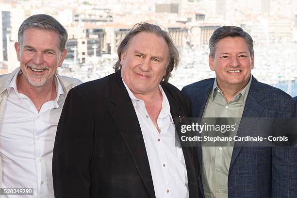 Reed Hastings , Actor Gerard Depardieu and Ted Sarandos attend the "Marseille" Netflix TV series world premiere at Palais Du Pharo on May 4, 2016 in...