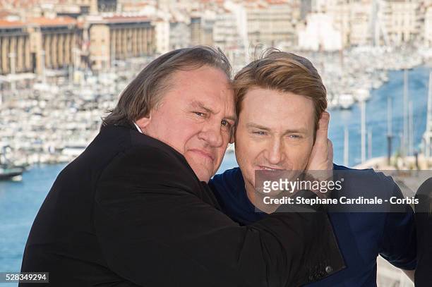 Actors Gerard Depardieu and Benoit Magimel attend the "Marseille" Netflix TV series world premiere at Palais Du Pharo on May 4, 2016 in Marseille,...