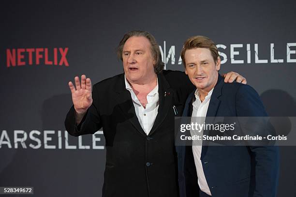 Actors Gerard Depardieu and Benoit Magimel attend the "Marseille" Netflix TV Serie Wold Premiere At Palais Du Pharo In Marseille, on May 4, 2016 in...