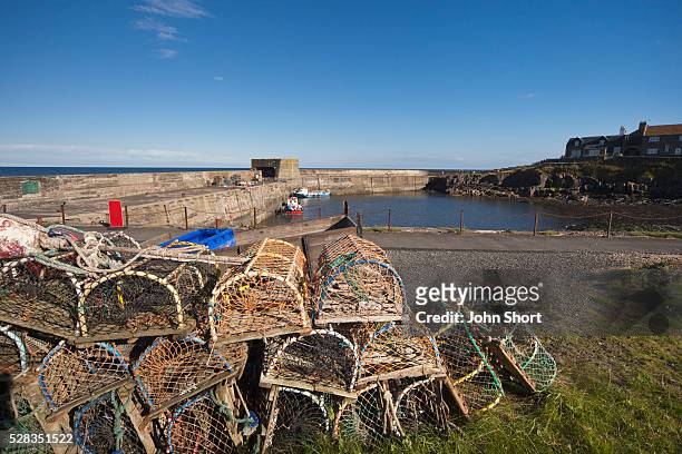 fishing traps and nets on the shore; craster, northumberland, england - craster stock pictures, royalty-free photos & images