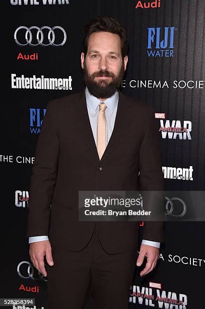 Actor Paul Rudd attends the Cinema Society with Audi and FIJI Water host a screening of Marvel's "Captain America: Civil War" on May 4, 2016 in New...