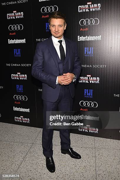Actor Jeremy Renner attends a screening of Marvel's 'Captain America: Civil War' hosted by The Cinema Society with Audi & FIJI on May 04, 2016 in New...