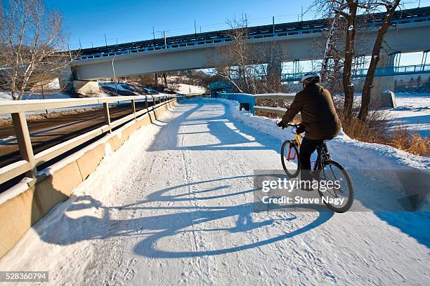 edmonton, alberta, canada; person riding a bike in the winter - edmonton bridge stock pictures, royalty-free photos & images