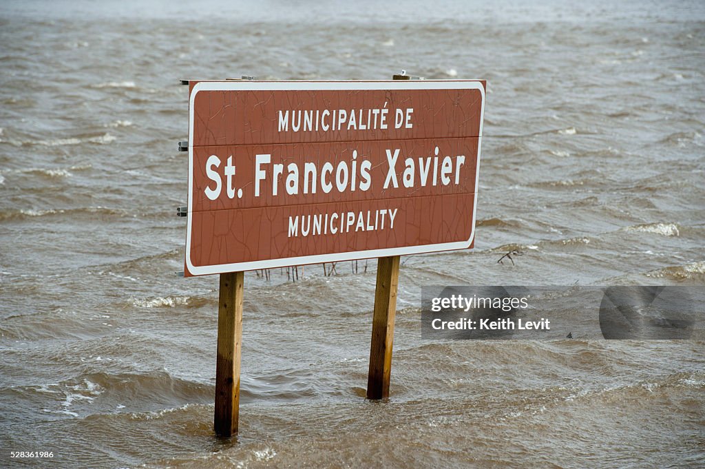 A Municipality Sign In High Water Levels After Flooding; St. Francois Xavier, Manitoba, Canada
