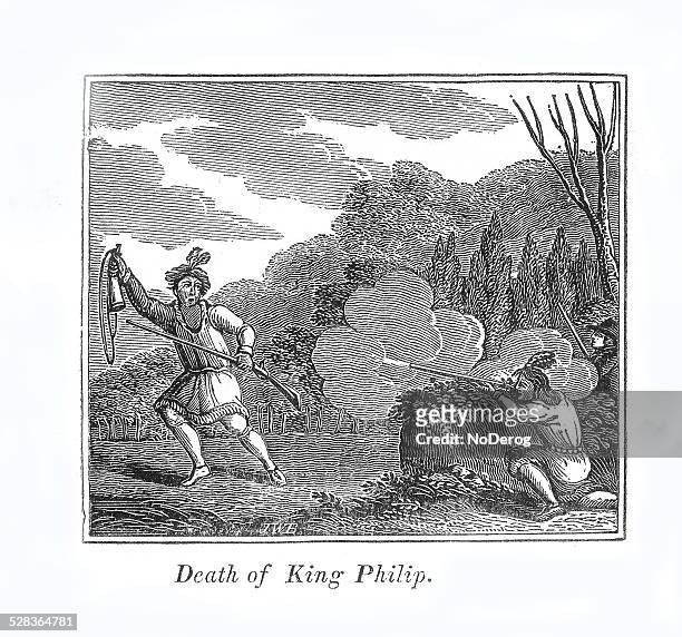 indian chief king philip killed in battle - metacomet king philip stock illustrations