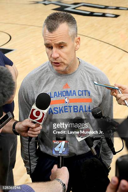 Head Coach Billy Donovan of the Oklahoma City Thunder speaks to the media before Game One of the Western Conference Semifinals against the San...