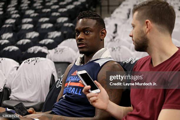 Anthony Morrow of the Oklahoma City Thunder speaks to the media before the game against the San Antonio Spurs in Game One of the Western Conference...