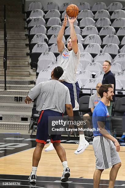 Mitch McGary of the Oklahoma City Thunder warms up before the game against the San Antonio Spurs in Game One of the Western Conference Semifinals...