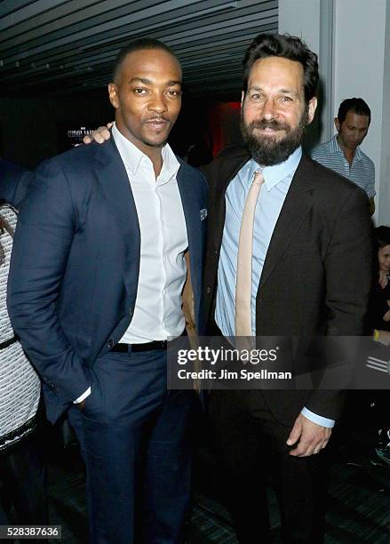 Actors Anthony Mackie and Paul Rudd attend the screening after party of Marvel's "Captain America: Civil War" hosted by The Cinema Society with Audi...