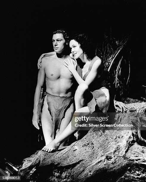 Johnny Weissmuller as Tarzan, and Maureen O'Sullivan as Jane Parker, in a promotional portrait for 'Tarzan and His Mate', directed by Cedric Gibbons,...