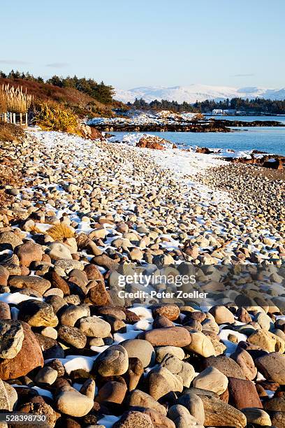 rocky shore in winter; sneem county kerry ireland - sneem fotografías e imágenes de stock