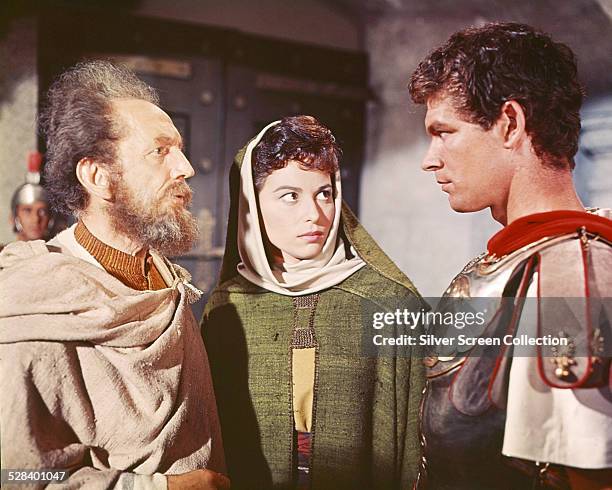 Sam Jaffe as Simonides, Haya Harareet as Esther, and Stephen Boyd as Messala, in 'Ben-Hur', directed by William Wyler, 1959.
