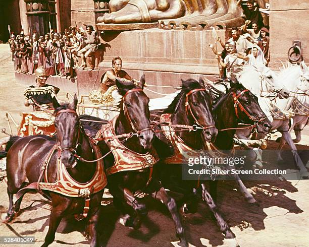 Messala, played by Stephen Boyd competes against Judah Ben-Hur, played by Charlton Heston , in the chariot racing scene from 'Ben-Hur', directed by...