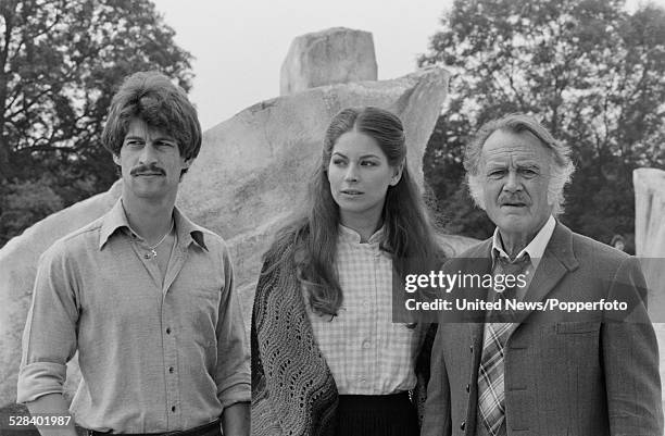 English actors Simon McCorkindale , Barbara Kellerman and John Mills pictured together on set during filming of the science fiction television series...