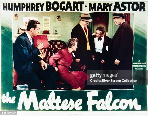 Lobby card for John Huston's 1941 film noir, 'The Maltese Falcon', featuring Humphrey Bogart, Mary Astor, Barton MacLane, Peter Lorre, and Ward Bond.