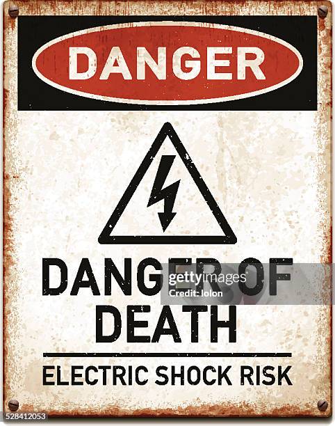 weathered metallic placard with danger high voltage warning_vector - electric shock stock illustrations