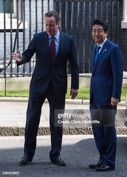 British Prime Minister, David Cameron, meets the Prime Minister of Japan, Shinzo Abe, at Downing Street on May 5, 2016 in London, England. Prime...