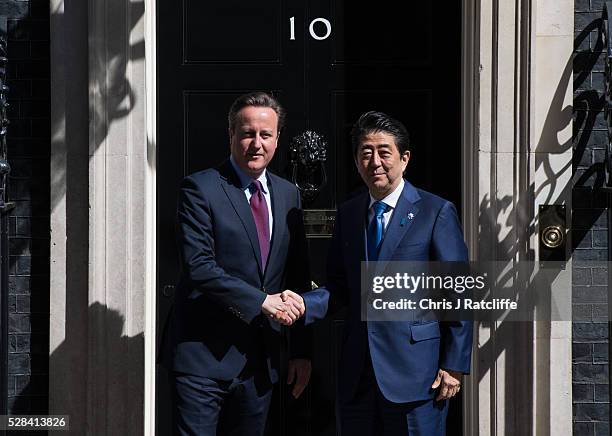 British Prime Minister, David Cameron, meets the Prime Minister of Japan,Shinzo Abe, at Downing Street on May 5, 2016 in London, England. Mr Abe is...