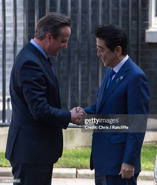 British Prime Minister, David Cameron, meets the Prime Minister of Japan, Shinzo Abe, at Downing Street on May 5, 2016 in London, England. Prime...