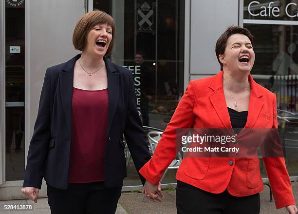 Scottish Conservative Leader Ruth Davidson and her partner Jen Wilson leave St Mary's Parish Church after voting in the Scottish Parliament elections...