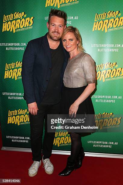 Actor Eddie Perfect and wife Lucy Cochran arrive ahead of the opening night for the Little Shop of Horrors at the Comedy Theatre on May 5, 2016 in...