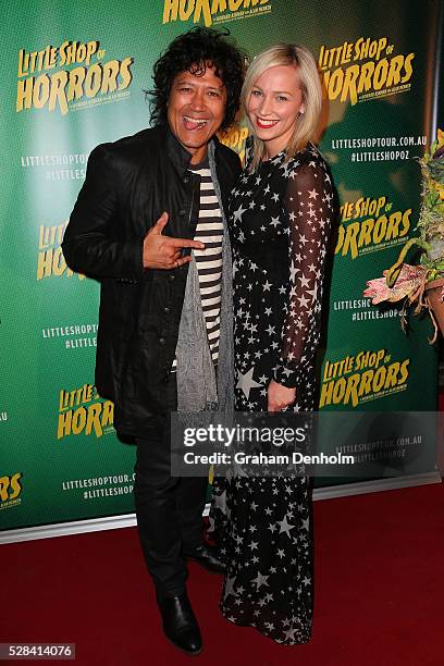 Phil Ceberano and wife Angela Ceberano arrive ahead of opening night for the Little Shop of Horrors at the Comedy Theatre on May 5, 2016 in...