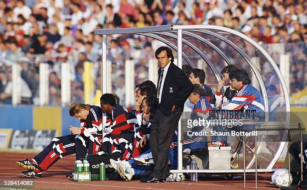 France manager Michel Platini looks on during his final game in charge at the 1992 European Championships match against Denmark on June 17, in Malmo,...