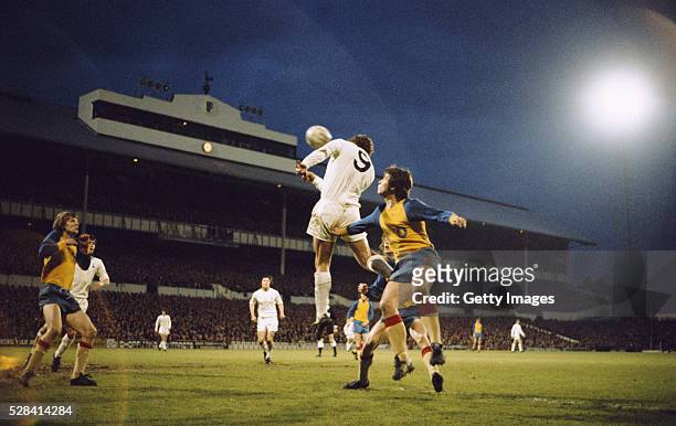 General view of White Hart Lane as Spurs forward Martin Chivers gets in a header during the UEFA Cup Semi Final 2nd Leg match between Tottenham...