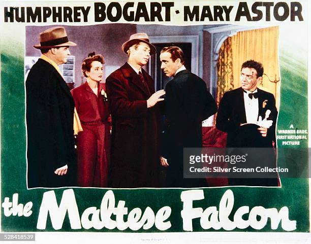 Lobby card for John Huston's 1941 film noir, 'The Maltese Falcon'. The card features Barton MacLane, Mary Astor, Ward Bond, Humphrey Bogart and Peter...