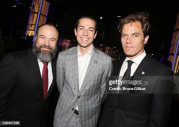 Danny Burstein, Zachary Levi and Michael Shannon pose at The 70th Annual Tony Awards Meet The Nominees Press Junket at The Diamond Horseshoe at the...