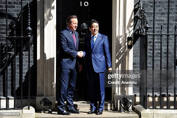 British Prime Minister, David Cameron welcomes the Prime Minister of Japan, Shinzo Abe, at Downing Street on May 5, 2016 in London, England. Mr Abe...