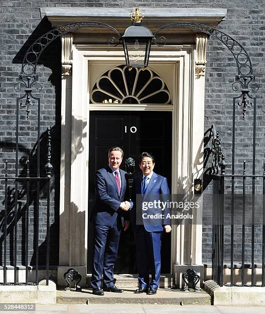 British Prime Minister, David Cameron welcomes the Prime Minister of Japan, Shinzo Abe, at Downing Street on May 5, 2016 in London, England. Mr Abe...