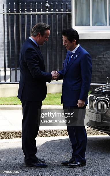 British Prime Minister, David Cameron welcomes the Prime Minister of Japan, Shinzo Abe, at Downing Street on May 5, 2016 in London, England. Mr Abe...