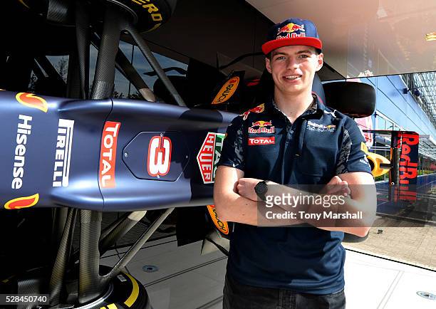 Max Verstappen of the Netherlands and Red Bull Racing next to the Red Bull Racing RB12 on May 5, 2016 at the Red Bull Racing Factory, Milton Keynes,...