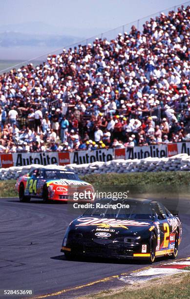 Rusty Wallace drives the No. 2 Miller Ford, owned by Roger Penske, in the Save Mart Supermarkets 300 road-course race on May 5, 1996 at Sonoma...