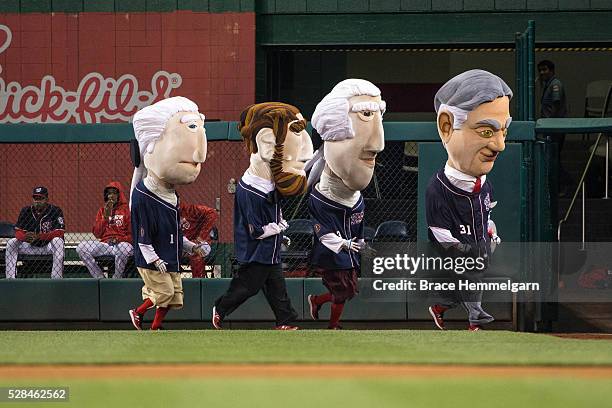 The President Race of mascots during a game between the Washington Nationals and the Minnesota Twins on April 22, 2016 at Nationals Park in...