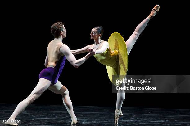 Kathleen Breen Combes, right, and Bo Busby, left, from the Boston Ballet, performed "The Vertiginous Thrill of Exactitude" by William Forsythe during...