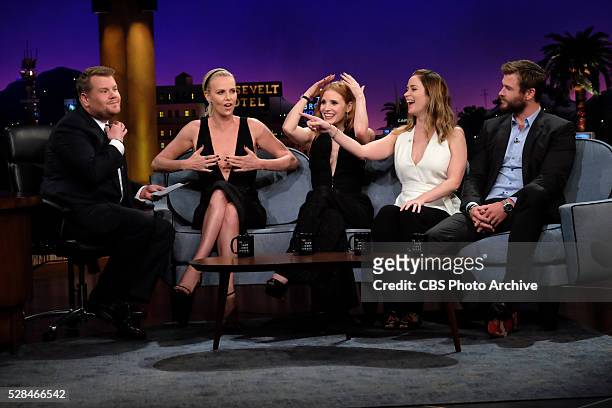 James Corden chats with Charlize Theron, Jessica Chastain, Emily Blunt and Chris Hemsworth on "The Late Late Show with James Corden," Thursday, April...