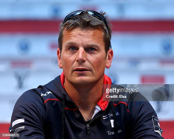 Softbank Team Japan skipper Dean Barker answers questions during the Louis Vuitton America's Cup World Series Racing Skipper press conference at the...