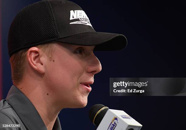 John Hunter Nemechek, driver of the Andy's Frozen Custard Chevrolet, talks to the media prior to a practice sessions for the Toyota Tundra 250 at...